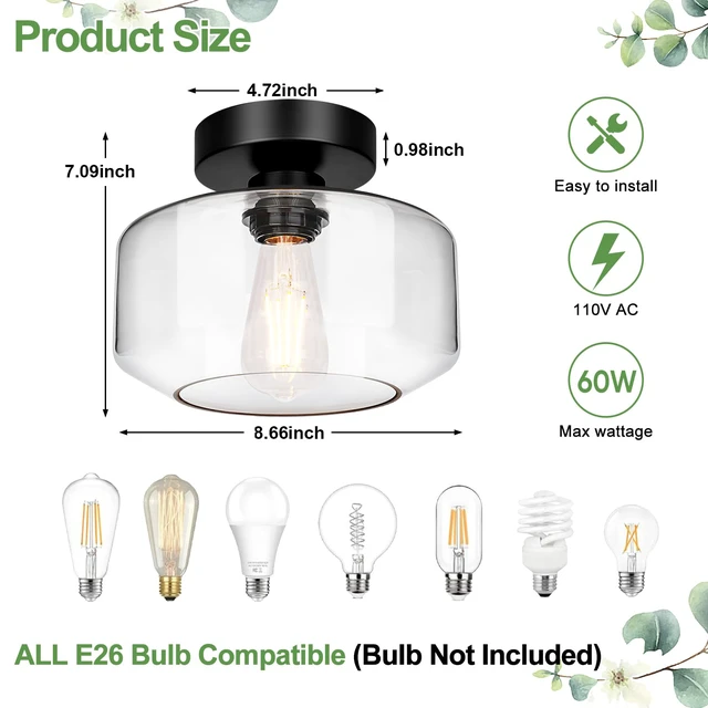 Alt view image 7 of 7 - Industrial Semi Flush Mount Ceiling Light Black, Clear Glass Shade Ceiling Light Fixture, Farmhouse Light Fixtures for Hallway Corridor Kitchen Bathroom Bedroom Passway Foyer