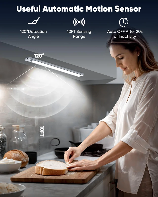 Alt view image 2 of 6 - Under Cabinet Lights, 14'' LED Rechargeable Battery Operated Motion Activated Night Light Indoor, 3200mAh Magnetic Dimmable Closet Lights, 6500K Wireless Under Counter Light for Kitchen, Stair, 3 Pack