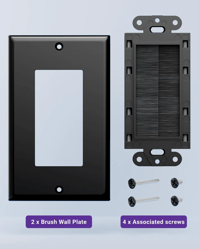 Alt view image 5 of 7 - Single Gang Brush Wall Plate Low Voltage Cable Pass Through Black, 5PK Routes HDMI, Coax, Speaker, Network Cables, behind Wall Mount TV