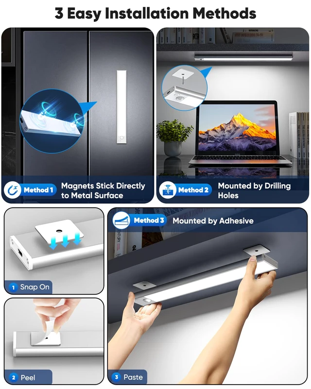 Alt view image 3 of 6 - Under Cabinet Lights, 14'' LED Rechargeable Battery Operated Motion Activated Night Light Indoor, 3200mAh Magnetic Dimmable Closet Lights, 6500K Wireless Under Counter Light for Kitchen, Stair, 3 Pack