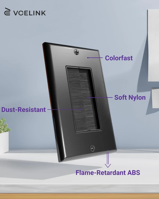 Alt view image 7 of 7 - Single Gang Brush Wall Plate Low Voltage Cable Pass Through Black, 5PK Routes HDMI, Coax, Speaker, Network Cables, behind Wall Mount TV