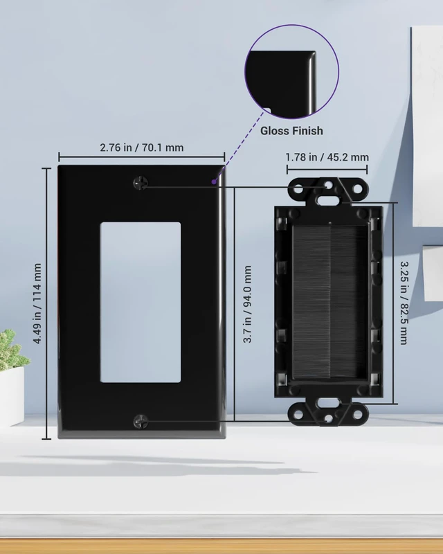 Alt view image 6 of 7 - Single Gang Brush Wall Plate Low Voltage Cable Pass Through Black, 5PK Routes HDMI, Coax, Speaker, Network Cables, behind Wall Mount TV