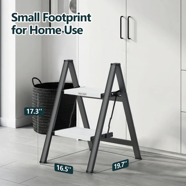Alt view image 2 of 7 - 2 Step Ladder, Foldable Step Stool, 300lbs Load, Black & White Folded 27''H x 3''T; Net 6.9 lbs; Rigid Aluminum Steps; No Assembly; For Home, Kitchen, Office, Pantry, Closets, Cabinets