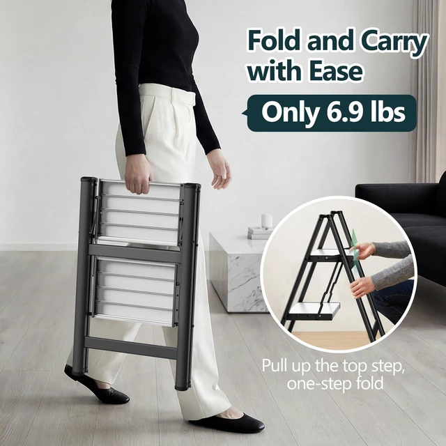 Alt view image 3 of 7 - 2 Step Ladder, Foldable Step Stool, 300lbs Load, Black & White Folded 27''H x 3''T; Net 6.9 lbs; Rigid Aluminum Steps; No Assembly; For Home, Kitchen, Office, Pantry, Closets, Cabinets