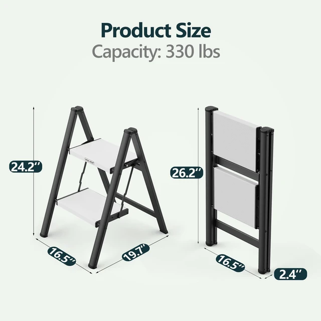 Alt view image 5 of 7 - 2 Step Ladder, Foldable Step Stool, 300lbs Load, Black & White Folded 27''H x 3''T; Net 6.9 lbs; Rigid Aluminum Steps; No Assembly; For Home, Kitchen, Office, Pantry, Closets, Cabinets