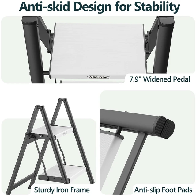Alt view image 6 of 7 - 2 Step Ladder, Foldable Step Stool, 300lbs Load, Black & White Folded 27''H x 3''T; Net 6.9 lbs; Rigid Aluminum Steps; No Assembly; For Home, Kitchen, Office, Pantry, Closets, Cabinets