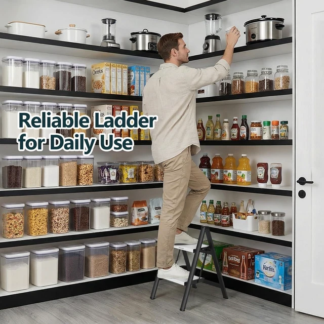 Alt view image 7 of 7 - 2 Step Ladder, Foldable Step Stool, 300lbs Load, Black & White Folded 27''H x 3''T; Net 6.9 lbs; Rigid Aluminum Steps; No Assembly; For Home, Kitchen, Office, Pantry, Closets, Cabinets
