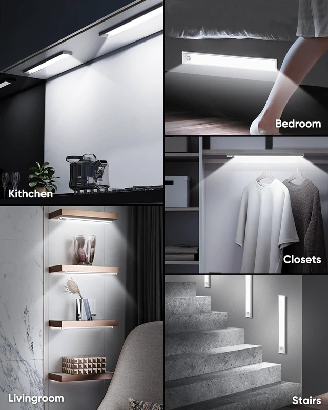 Alt view image 6 of 6 - Under Cabinet Lights, 14'' LED Rechargeable Battery Operated Motion Activated Night Light Indoor, 3200mAh Magnetic Dimmable Closet Lights, 6500K Wireless Under Counter Light for Kitchen, Stair, 3 Pack
