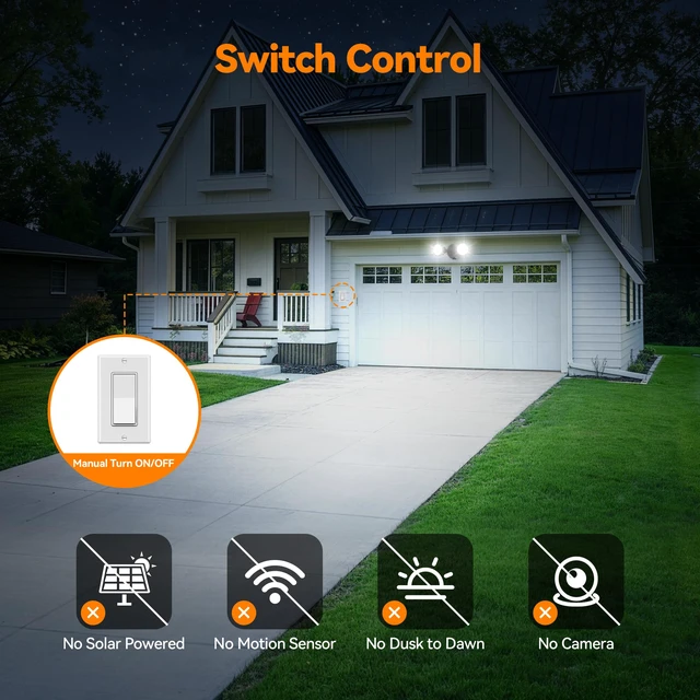 Alt view image 3 of 7 - 45W 5500LM Outdoor Flood Lights, Dual Head Wall Switch Controlled LED Exterior Flood Light, 5000K Daylight, IP65 Waterproof Hardwired Security Light for Outside Garage Yard (Black)