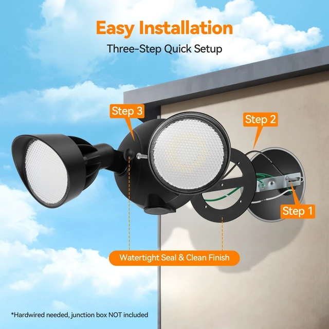 Alt view image 7 of 7 - 45W 5500LM Outdoor Flood Lights, Dual Head Wall Switch Controlled LED Exterior Flood Light, 5000K Daylight, IP65 Waterproof Hardwired Security Light for Outside Garage Yard (Black)