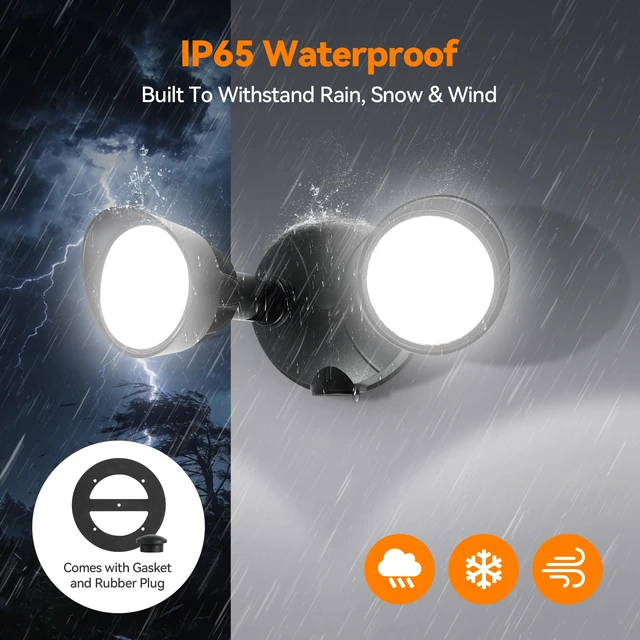 Alt view image 6 of 7 - 45W 5500LM Outdoor Flood Lights, Dual Head Wall Switch Controlled LED Exterior Flood Light, 5000K Daylight, IP65 Waterproof Hardwired Security Light for Outside Garage Yard (Black)