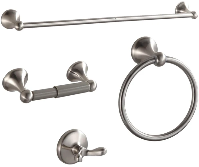 Main image of Bathroom Accessories Set, Glossy Stain Nickel Expandable Towel Bar 4-Piece Bathroom Accessory Set Wall Mounted Towel Ring Robe Hook Toilet Paper Holder Towel Holder