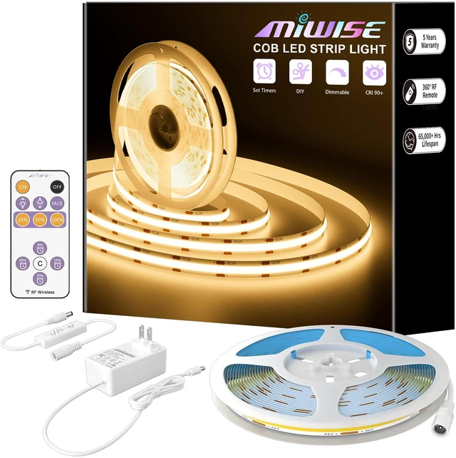 Main image of COB LED Strip,2700K Warm White 32.8ft/10m,Dimmable Super Bright 24V LED Strip Light,CRI 90+ Flexible Tape Light with RF Remote Timer Function,for Shelf/Cabinet/Bedroom/TV DIY Lighting Project