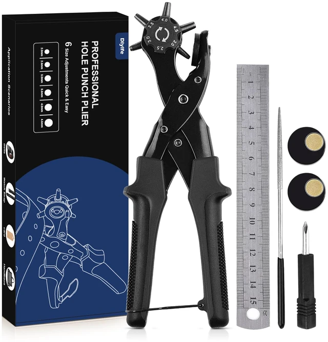 Main image of Leather Hole Punch for Belt, Revolving Punch Plier Kit, 6 Hole Sizes Double-lever Design, Sturdy & Durable, with 2 Extra Punch Plates, Locking Handles, for Leather, Paper, Crafting - Black