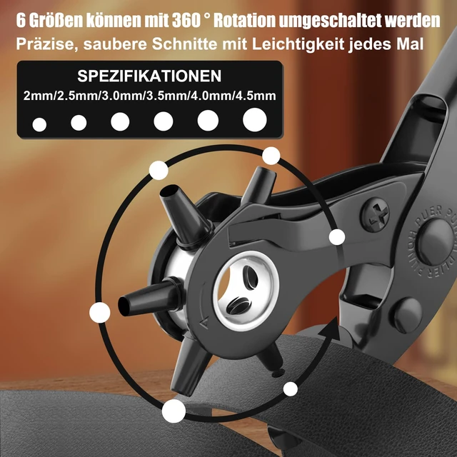 Alt view image 2 of 7 - Leather Hole Punch for Belt, Revolving Punch Plier Kit, 6 Hole Sizes Double-lever Design, Sturdy & Durable, with 2 Extra Punch Plates, Locking Handles, for Leather, Paper, Crafting - Black