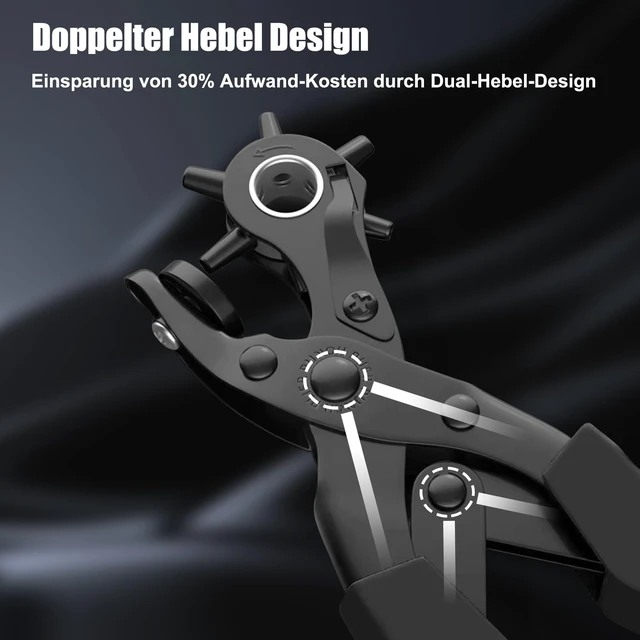 Alt view image 3 of 7 - Leather Hole Punch for Belt, Revolving Punch Plier Kit, 6 Hole Sizes Double-lever Design, Sturdy & Durable, with 2 Extra Punch Plates, Locking Handles, for Leather, Paper, Crafting - Black