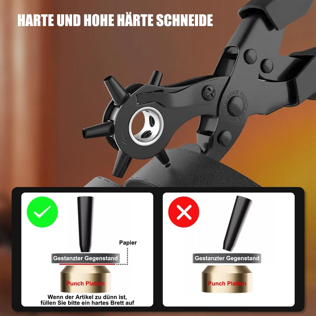 Alt view image 6 of 7 - Leather Hole Punch for Belt, Revolving Punch Plier Kit, 6 Hole Sizes Double-lever Design, Sturdy & Durable, with 2 Extra Punch Plates, Locking Handles, for Leather, Paper, Crafting - Black