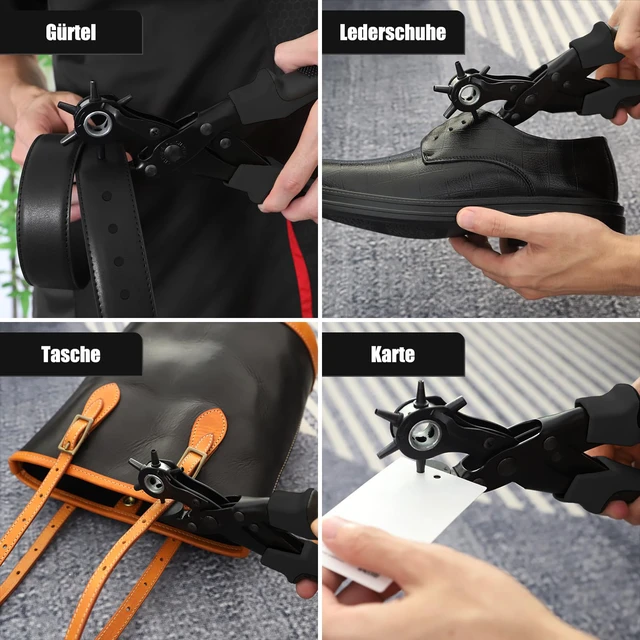 Alt view image 7 of 7 - Leather Hole Punch for Belt, Revolving Punch Plier Kit, 6 Hole Sizes Double-lever Design, Sturdy & Durable, with 2 Extra Punch Plates, Locking Handles, for Leather, Paper, Crafting - Black