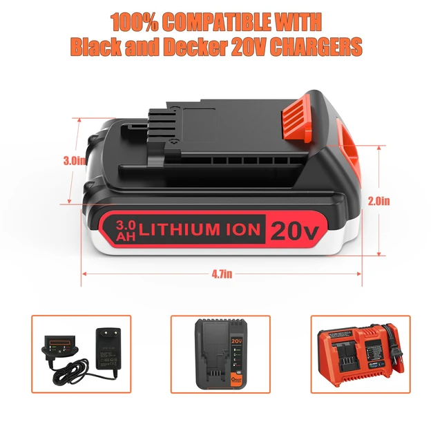 Alt view image 3 of 7 - 2 Pack Extended Capacity 3.0Ah 20v Battery Replacement for Black and Decker 20 Volt Max Lithium Battery LBXR20, Compatible with All Black and Decker 20v Cordless Power Tools and Charger