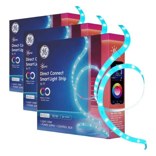 Main image of GE Smart LED Strip Light,Color Changing Room Decor LED Light Strip,Works with Alexa and Google Home,Matter Compatible,LED-Lights for Bedroom,Millions of Colors and White Tones,16 Feet,(Pack of 3)