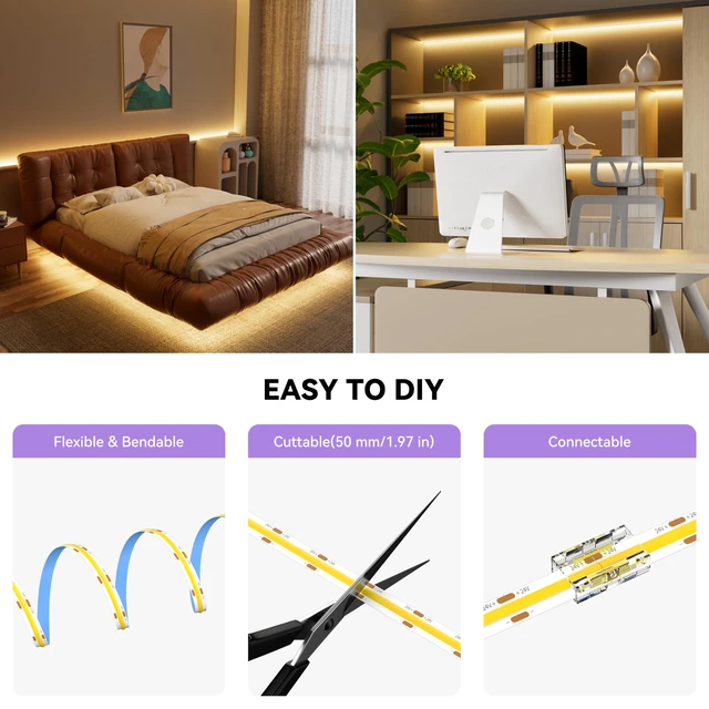 Alt view image 6 of 7 - COB LED Strip,2700K Warm White 32.8ft/10m,Dimmable Super Bright 24V LED Strip Light,CRI 90+ Flexible Tape Light with RF Remote Timer Function,for Shelf/Cabinet/Bedroom/TV DIY Lighting Project