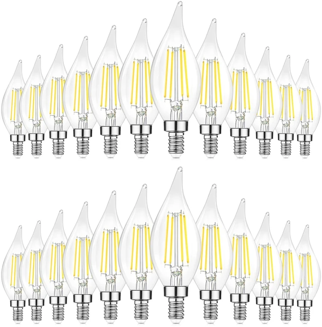 Main image of Dimmable E12 Candelabra LED Bulbs, 60W Incandescent Equivalent, 5000K Daylight White, Clear Filament, 6W 600lm, CA11 Vintage Chandelier & Ceiling Fan Light Bulbs with Flame Tip, 24-Pack