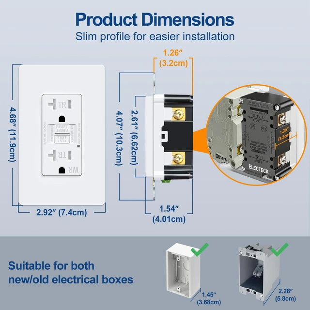 Alt view image 3 of 7 - 5 Pack 20A GFCI Outlets, WR Self-Test GFI Receptacle, UL Listed Slim Design, Outdoor 20 Amp GFI Receptacles, Ground Fault Circuit Interrupter, Screwless Wallplate Included, White
