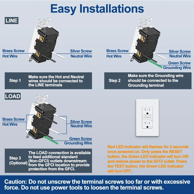 Alt view image 7 of 7 - 5 Pack 20A GFCI Outlets, WR Self-Test GFI Receptacle, UL Listed Slim Design, Outdoor 20 Amp GFI Receptacles, Ground Fault Circuit Interrupter, Screwless Wallplate Included, White