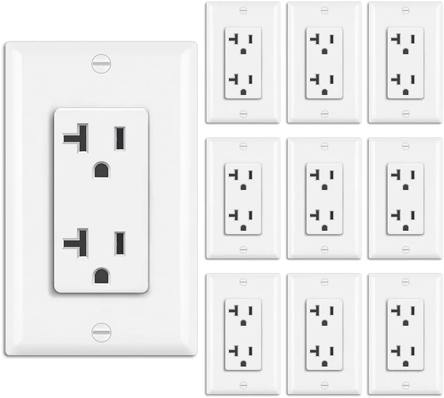 Main image of 10PK 20A Decor Receptacle Outlet, Standard Electrical Wall Outlet Non-Tamper-Resistant, Wallplate Included, 20A/125V/2500W, UL Listed, White