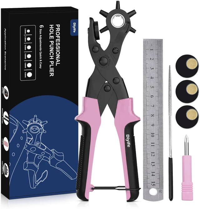 Main image of Leather Hole Puncher, Revolving Punch Plier, 6 Size Adjustment, Pink Double-lever Design, More Labor-saving, Ergonomic & Locking Handles, 3 Extra Punch Plates Included, for Belts, Leather