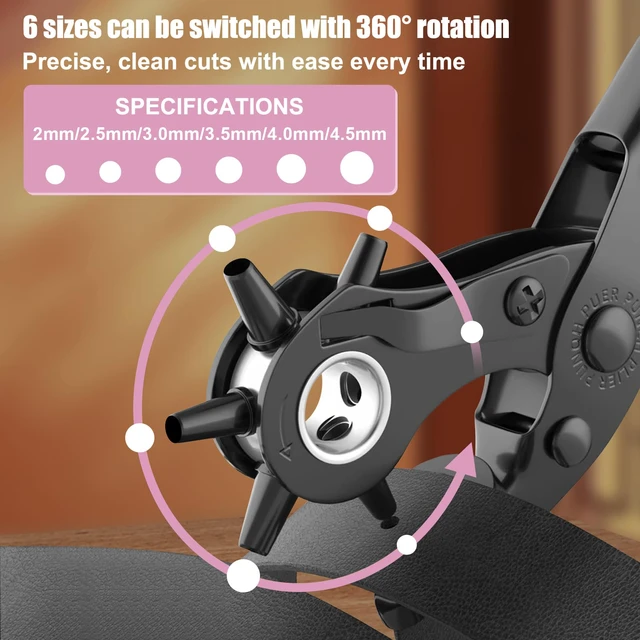 Alt view image 2 of 7 - Leather Hole Puncher, Revolving Punch Plier, 6 Size Adjustment, Pink Double-lever Design, More Labor-saving, Ergonomic & Locking Handles, 3 Extra Punch Plates Included, for Belts, Leather
