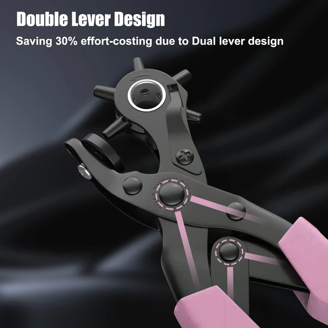 Alt view image 3 of 7 - Leather Hole Puncher, Revolving Punch Plier, 6 Size Adjustment, Pink Double-lever Design, More Labor-saving, Ergonomic & Locking Handles, 3 Extra Punch Plates Included, for Belts, Leather