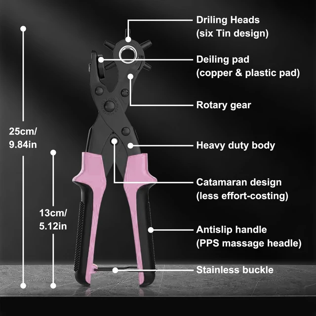 Alt view image 5 of 7 - Leather Hole Puncher, Revolving Punch Plier, 6 Size Adjustment, Pink Double-lever Design, More Labor-saving, Ergonomic & Locking Handles, 3 Extra Punch Plates Included, for Belts, Leather