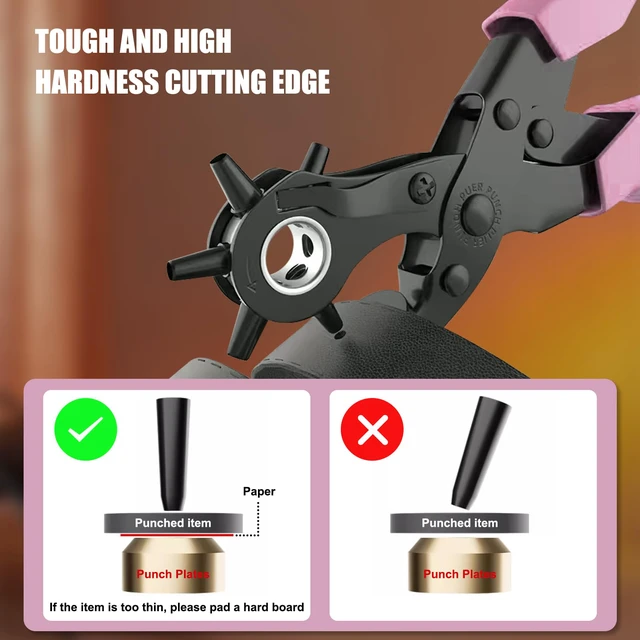 Alt view image 6 of 7 - Leather Hole Puncher, Revolving Punch Plier, 6 Size Adjustment, Pink Double-lever Design, More Labor-saving, Ergonomic & Locking Handles, 3 Extra Punch Plates Included, for Belts, Leather