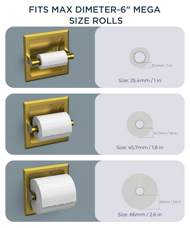 Alt view image 6 of 7 - Recessed Toilet Paper Holder for Mega Rolls, Brushed Gold Stainless Steel Tissue Roll Holder Wall Mount for Bathroom Space-Saving Design, in Wall Toilet Paper Dispenser Insert