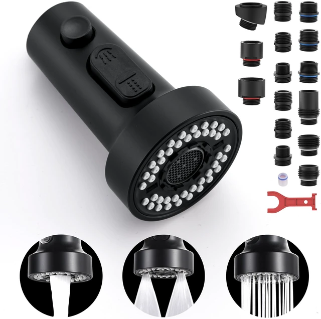 Main image of Kitchen Faucet Head Replacement Black, with 15 Adapters Plastic Pull Down Faucet Spray Head, 3 Modes Pull Out Kitchen Sink Sprayer Nozzle, Matte Black