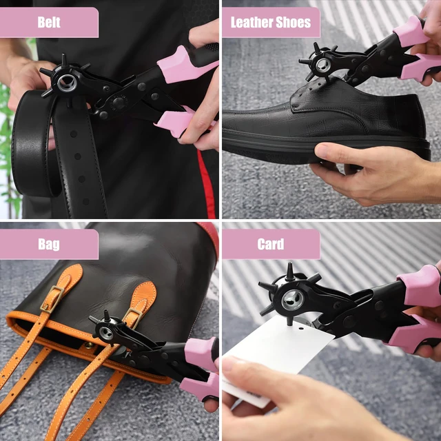 Alt view image 7 of 7 - Leather Hole Puncher, Revolving Punch Plier, 6 Size Adjustment, Pink Double-lever Design, More Labor-saving, Ergonomic & Locking Handles, 3 Extra Punch Plates Included, for Belts, Leather