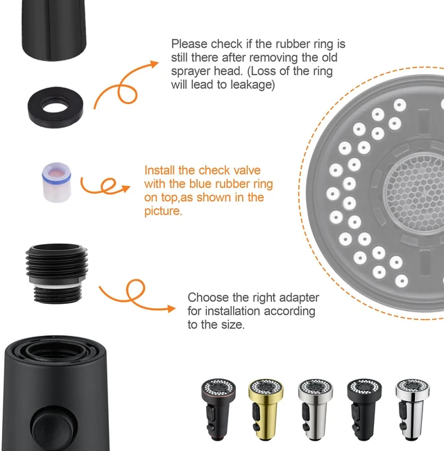 Alt view image 4 of 7 - Kitchen Faucet Head Replacement Black, with 15 Adapters Plastic Pull Down Faucet Spray Head, 3 Modes Pull Out Kitchen Sink Sprayer Nozzle, Matte Black