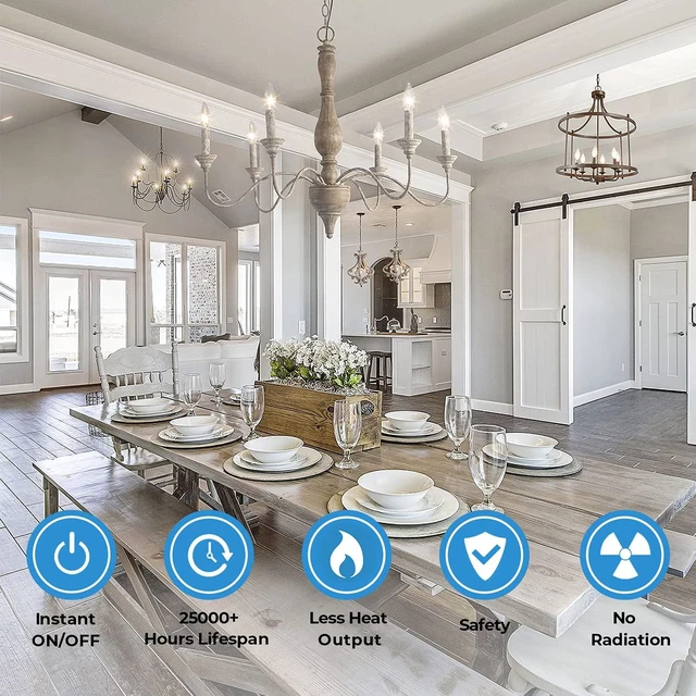 Alt view image 5 of 7 - Dimmable E12 Candelabra LED Bulbs, 60W Incandescent Equivalent, 5000K Daylight White, Clear Filament, 6W 600lm, CA11 Vintage Chandelier & Ceiling Fan Light Bulbs with Flame Tip, 24-Pack
