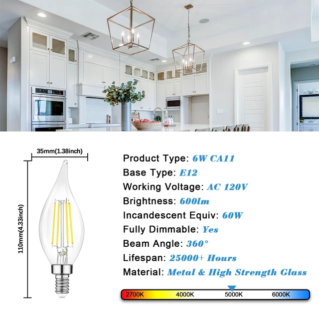 Alt view image 3 of 7 - Dimmable E12 Candelabra LED Bulbs, 60W Incandescent Equivalent, 5000K Daylight White, Clear Filament, 6W 600lm, CA11 Vintage Chandelier & Ceiling Fan Light Bulbs with Flame Tip, 24-Pack