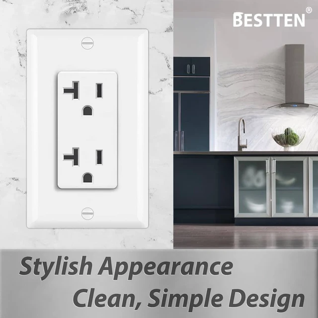 Alt view image 5 of 7 - 10PK 20A Decor Receptacle Outlet, Standard Electrical Wall Outlet Non-Tamper-Resistant, Wallplate Included, 20A/125V/2500W, UL Listed, White
