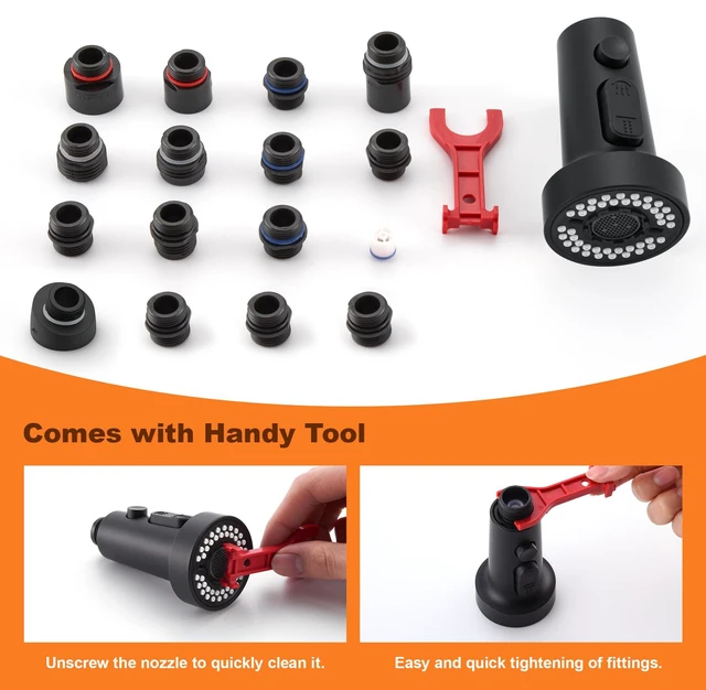 Alt view image 7 of 7 - Kitchen Faucet Head Replacement Black, with 15 Adapters Plastic Pull Down Faucet Spray Head, 3 Modes Pull Out Kitchen Sink Sprayer Nozzle, Matte Black