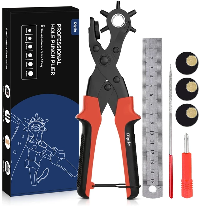 Main image of Leather Hole Puncher, Full Set Punch Tool Kits for Belts, Leather Double-lever Design, Sturdy & Durable, Safety Locking Handles, 3 Extra Punch Plates Included, 6-Size Quick Adjustment, Red