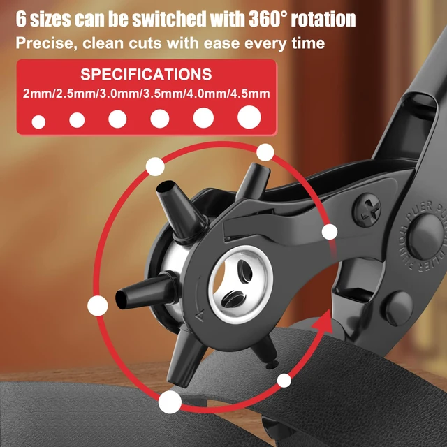 Alt view image 2 of 7 - Leather Hole Puncher, Full Set Punch Tool Kits for Belts, Leather Double-lever Design, Sturdy & Durable, Safety Locking Handles, 3 Extra Punch Plates Included, 6-Size Quick Adjustment, Red