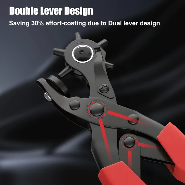 Alt view image 3 of 7 - Leather Hole Puncher, Full Set Punch Tool Kits for Belts, Leather Double-lever Design, Sturdy & Durable, Safety Locking Handles, 3 Extra Punch Plates Included, 6-Size Quick Adjustment, Red