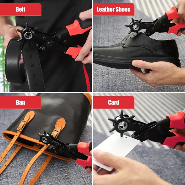 Alt view image 4 of 7 - Leather Hole Puncher, Full Set Punch Tool Kits for Belts, Leather Double-lever Design, Sturdy & Durable, Safety Locking Handles, 3 Extra Punch Plates Included, 6-Size Quick Adjustment, Red
