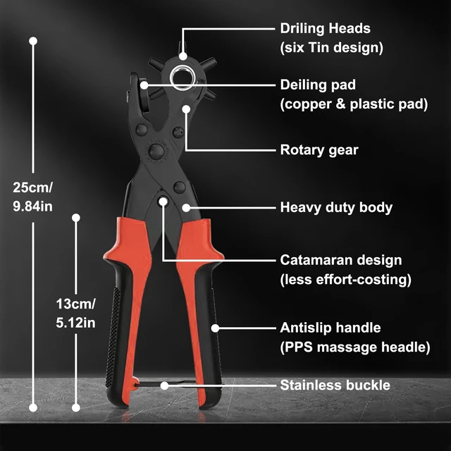Alt view image 5 of 7 - Leather Hole Puncher, Full Set Punch Tool Kits for Belts, Leather Double-lever Design, Sturdy & Durable, Safety Locking Handles, 3 Extra Punch Plates Included, 6-Size Quick Adjustment, Red