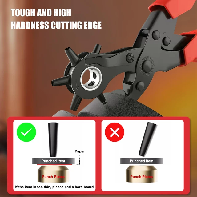 Alt view image 6 of 7 - Leather Hole Puncher, Full Set Punch Tool Kits for Belts, Leather Double-lever Design, Sturdy & Durable, Safety Locking Handles, 3 Extra Punch Plates Included, 6-Size Quick Adjustment, Red