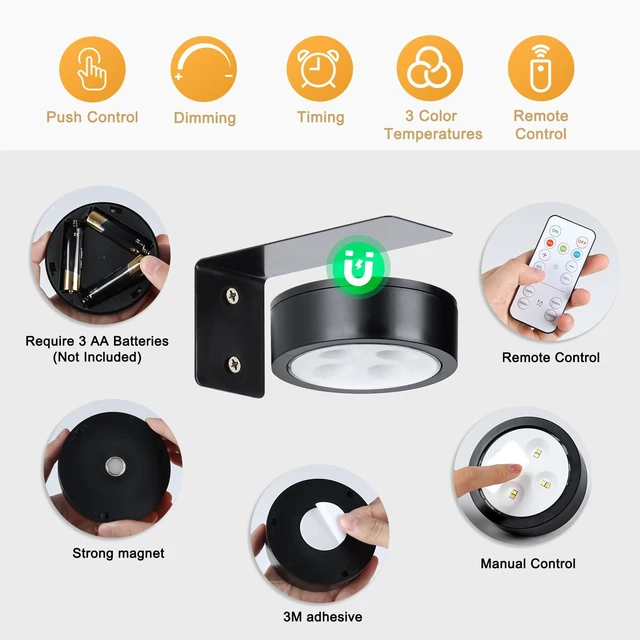 Alt view image 3 of 7 - 4-Pack Picture Light Battery Operated with Remote, Led Lights Dimmable and Timer Painting Light, Art Display Light for Picture Frame Artworking Portrait, Home Wall Decor Puck Lights, Black