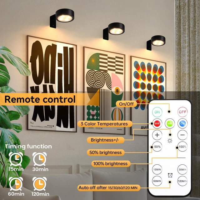 Alt view image 2 of 7 - 4-Pack Picture Light Battery Operated with Remote, Led Lights Dimmable and Timer Painting Light, Art Display Light for Picture Frame Artworking Portrait, Home Wall Decor Puck Lights, Black